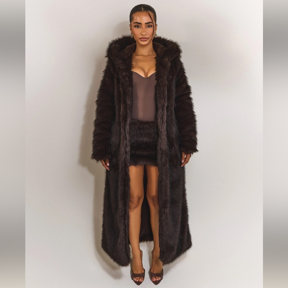 Mars The Label Maple Maxi Fur Coat in Brown